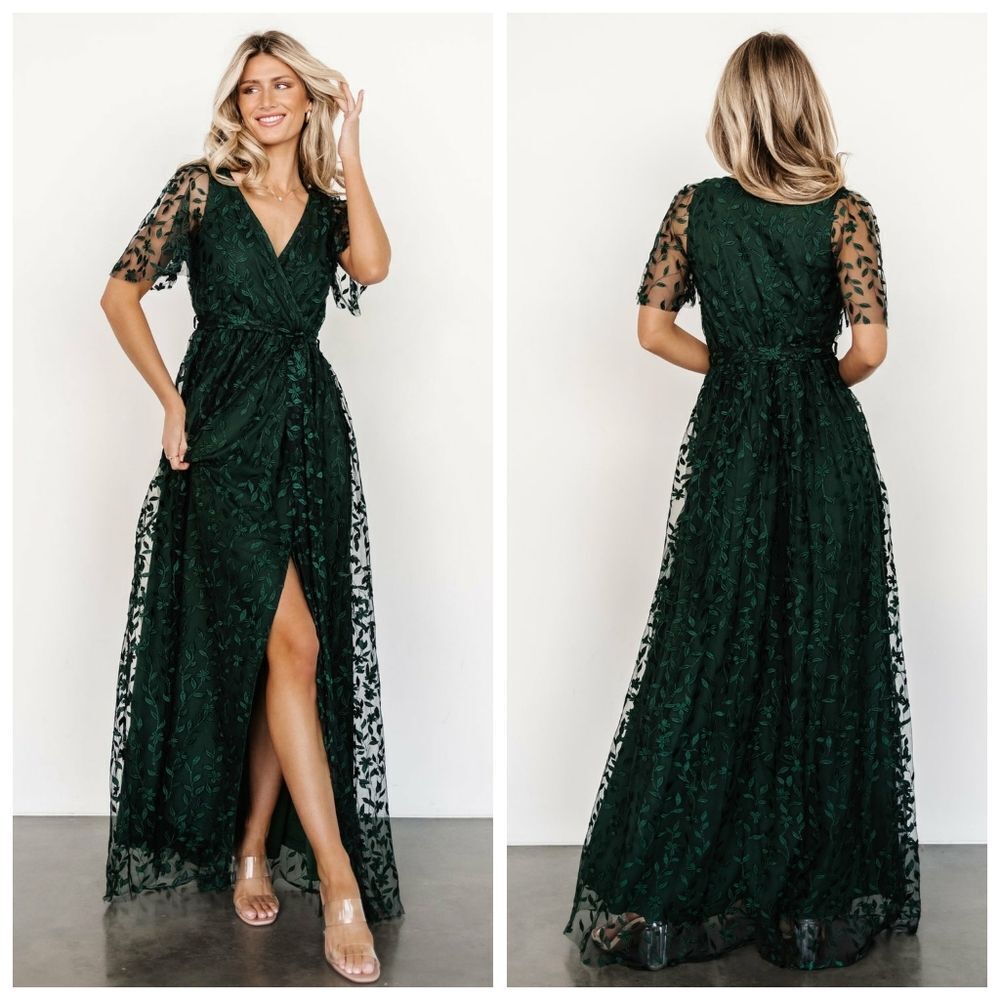 Elegant Green V-Neck Embroidered Maxi Dress